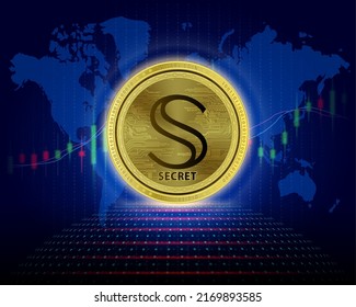 Moneda secreta (SCRT). Ilustración vectorial 3D. Cryptocurrency blockchain (divisa criptográfica) Futura tecnología de reemplazo digital. El gráfico plateado de crecimiento virtual de la moneda es un antecedente.