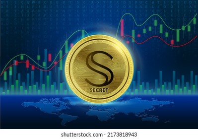 Secret (SCRT) coin gold Cryptocurrency blockchain. List of variou coin symbol is background. Future digital replacement technology alternative currency. gold stock chart. 3D Vector illustration.