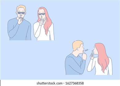 Secret, security, confidentiality set concept. Young couple asks to keep confidentiality. Wary man and woman is making security. Guy and girl demand to keep information in secret. Simple flat vector