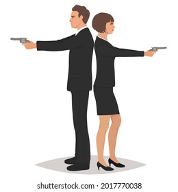 Secret Service Agents Standing Back To Back With Guns, Vector Illustration Of A Detective Spy Man And Woman Character. Private Ivestigation Agent. Mafia Gangster