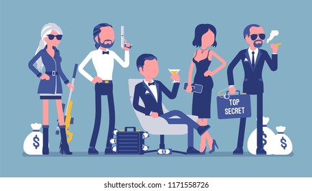 Secret service team. Group of elegant people from espionage department, important division, organization responsible for the safety. Vector illustration, faceless characters