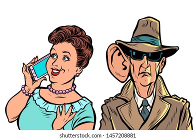 The secret services of the state eavesdrop on telephone conversations of citizens. Comic cartoon pop art retro illustration drawing