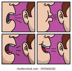 Secret. Set of humor cartoons. Close to the mouth with different movement in purple background. Vector print illustration