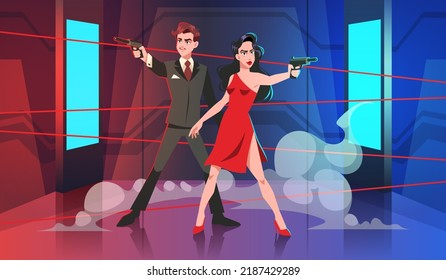 Secret Special Agents Illustration. Spy Couple With Guns In Room With Lasers, Man And Woman Undercover Special Agent, Formal Suit And Red Dress, Criminal Scene Tidy Vector Cartoon Concept