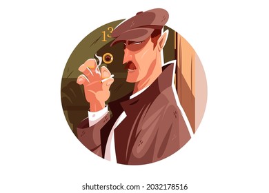 Secret spy man vector illustration. Clever person smoking cigarette and follows someone flat style. Mysterious agent. Criminal and danger concept. Isolated on white background