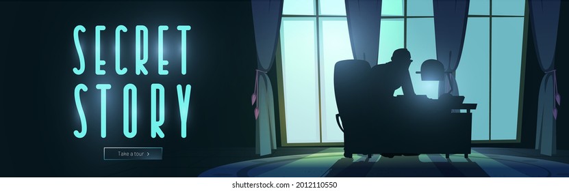 Secret story cartoon web banner, silhouette of man