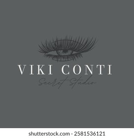 Secret studio label design with lettering drawing in art line style on beige background