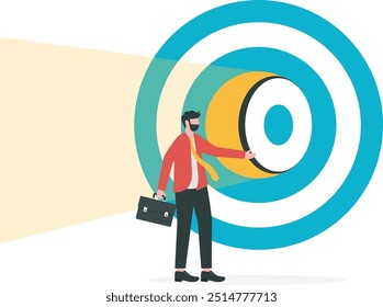 Secret to success, business strategy to reach target or goal, objective or career challenge concept, businessman big dartboard or archery target and opening bullseye door.

