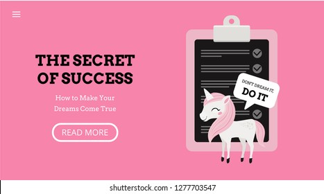 The secret of success. Landing page template. Modern flat concept with cute unicorn and planner. Don't dream it do it. Motivation. Checklist. 