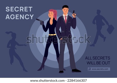 Secret super agents couple poster. Cartoon spies with pistols. Man and woman detectives. Mystery mission. Superspies undercover investigation. Thriller banner. Garish