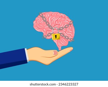 Secret thoughts and attitudes. Lock brain with a padlock 