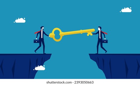 Secret tips for success. Two businessmen build a key bridge to connect cliffs