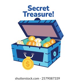 Secret treasure box with coins, flat sticker 