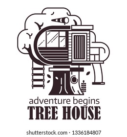 Secret tree house logo or label template. Wooden cabin on old oak adventure emblem. Forest tree home logotype or icon in monochrome design.