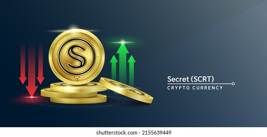 Cartel de criptodivisa de token USD secreto. Futura moneda en el mercado bursátil de blockchain con flechas rojas-verdes arriba y abajo. Monedas de oro cripto monedas. Cartel de noticias de fondo negro. Vector 3D.