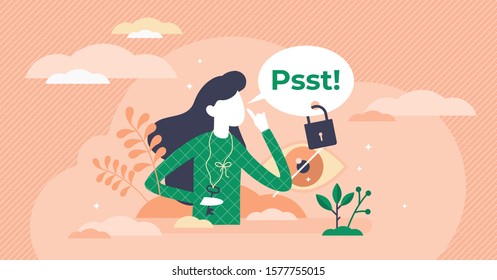 Secret vector illustration. Private information in flat tiny persons concept. Privacy sign and confidential data guarding. Access to encrypted communication with mysterious and classified messages.