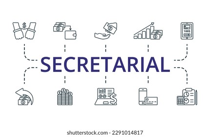 Secretarial outline set. Creative icons: liabilities, net income, payroll, profit, payment account, return of investment, funds, accounting system, accounting balance, accounting.