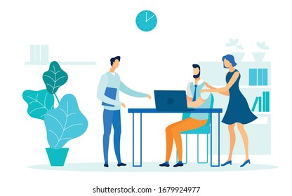 Secretaries Helping Boss Flat Vector Illustration. Company Staff, Office Workers Cartoon Characters. Employees Assist Executive Manager. Businessman Working with Laptop. Colleagues Discussing Business