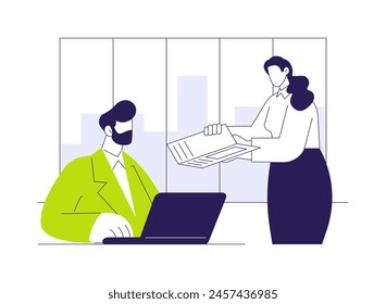 Secretary abstract concept vector illustration. Secretary shows boss the documents, business industry, corporate structure, company departments, corporation hierarchy abstract metaphor.