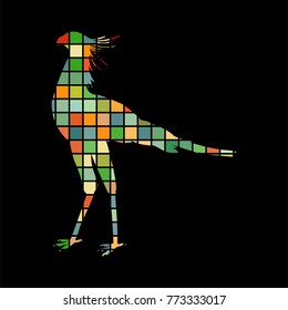 Secretary bird mosaic color silhouette animal background black