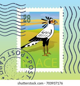 Secretary bird. Vector illustration. Stamp. Mark. Postage card.