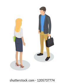 Secretary and boss at meeting. Businessman executive manager with bag briefcase and business documents. Male and female workers 3d isometric vector