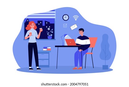 Secretary bringing coffee to boss. Flat vector illustration..Girl bringing drinks for herself and young man working online at home until late. Business, freelance, Internet, office, family concept