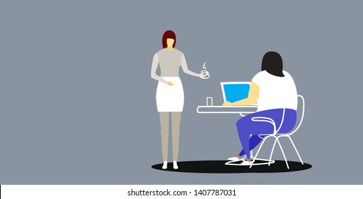 secretary bringing coffee to fat obese businesswoman boss sitting at workplace desk using laptop professional relationships business concept sketch full length horizontal