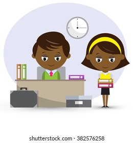 Secretary brings documents for signature by the Director. Financial consultant. Vector illustration.