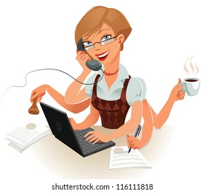 The secretary can easily handle several things at the same time. Work on the computer, talk on the phone, sign important documents, attach a seal to a document, brewed coffee, vector illustration