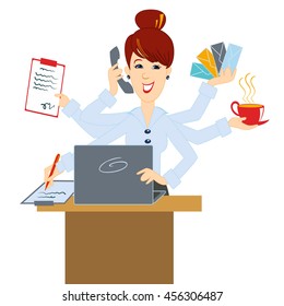 Die Sekretärin kann mehrere Dinge gleichzeitig erledigen. Arbeiten Sie am Computer, sprechen Sie am Telefon, unterschreiben Sie Dokumente, gebrühter Kaffee.