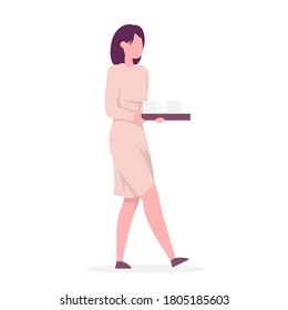 Secretary carries a tray of coffee. Color vector illustration