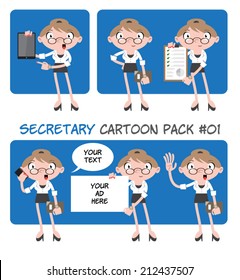 Secretary Cartoon Pack #01 - Set of 6 cute secretary cartoon characters with different poses, devices and text banners
