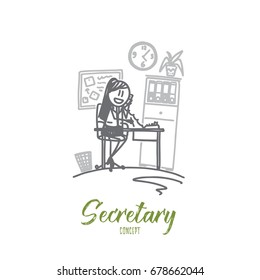 Secretary concept. Hand drawn female clerk at her workplace. Secretary working at office isolated vector illustration.