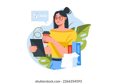 Secretary concept with people scene in the flat cartoon style. Secretary makes coffee for the director and prepares documents. Vector illustration.
