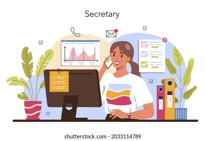 Secretary concept. Receptionist answering calls and assisting with document. Professional office worker at the desk on computer. Isolated flat vector illustration