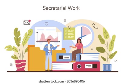 Secretary concept. Receptionist answering calls and assisting with document. Professional office worker at the desk on computer. Isolated flat vector illustration
