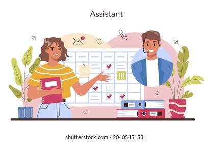 Secretary concept. Receptionist answering calls and assisting with document. Professional office worker at the desk on computer. Isolated flat vector illustration