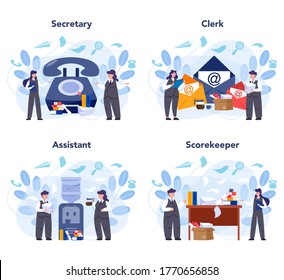 Secretary concept set. Receptionist answering calls and assisting with document. Professional office worker at the desk on computer. Isolated flat vector illustration