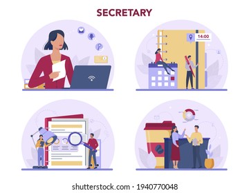 Secretary concept set. Receptionist answering calls and assisting