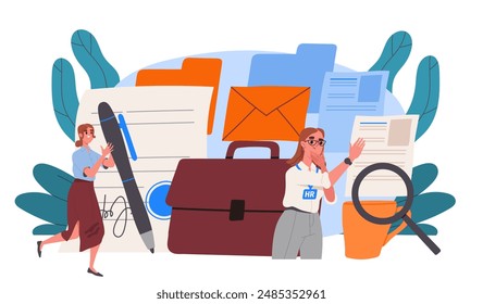 Secretary with documents. Women with pen and briefcase near documents and magnifying glass. Managers and clerks in office. Business email and correspondence. Flat vector illustration