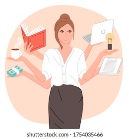 secretary doing a lot of things vector illustration cartoon flat design modern style 
