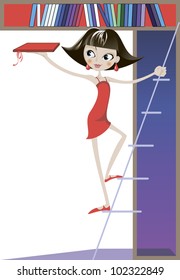 secretary, dressed in a red dress standing on the stairs and holds in her hands a folder with documents