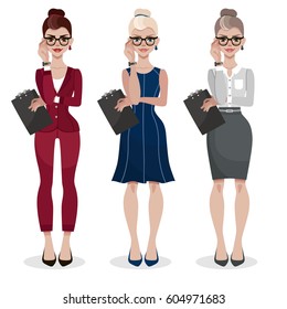Secretary in a formal wear. Businesswoman in elegant office clothes with a folder in her hands. Attractive assistant in glasses keeping arms crossed. Women's profession. Cartoon vector illustration.