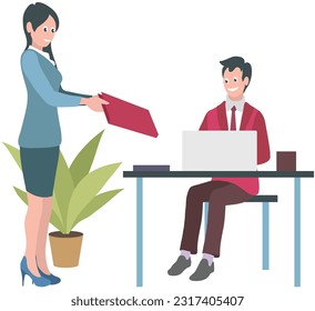 Secretary giving documents to boss, business concept. Young happy woman office clerk manager cartoon character gives contracts or reports to businessman company leader chief at meeting, paperwork