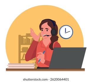 Secretary with headset handling office tasks, business illustration, vector illustration.