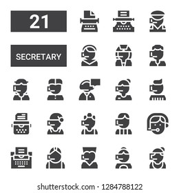 secretary icon set. Collection of 21 filled secretary icons included Call center, Typewriter, Phone operator, Secretary