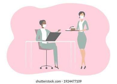 Secretary in mask bring coffee to boss. Vector illustration.