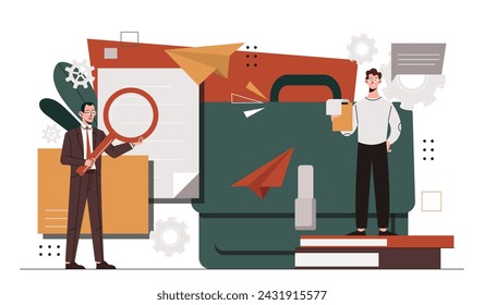 Secretary men concept. Guys with briefcase and magnifying glass evaluate documents. Company archive and storage workers. Cartoon flat vector illustration isolated on white background