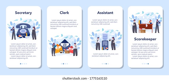Secretary mobile application banner set. Receptionist answering calls and assisting with document. Professional office worker at the desk on computer. Isolated flat vector illustration